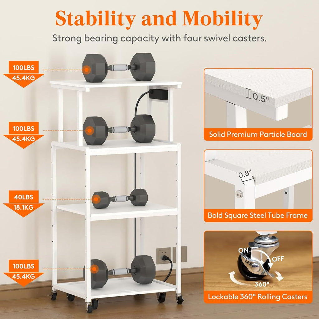 Lifewit 4 Tier Printer Stand with 3 Power Outlets, Wheels and Adjustable Storage Shelf for Home Office, Rolling Printer Cart for Shredder, Scanner, Fax, Hold 340lbs, White