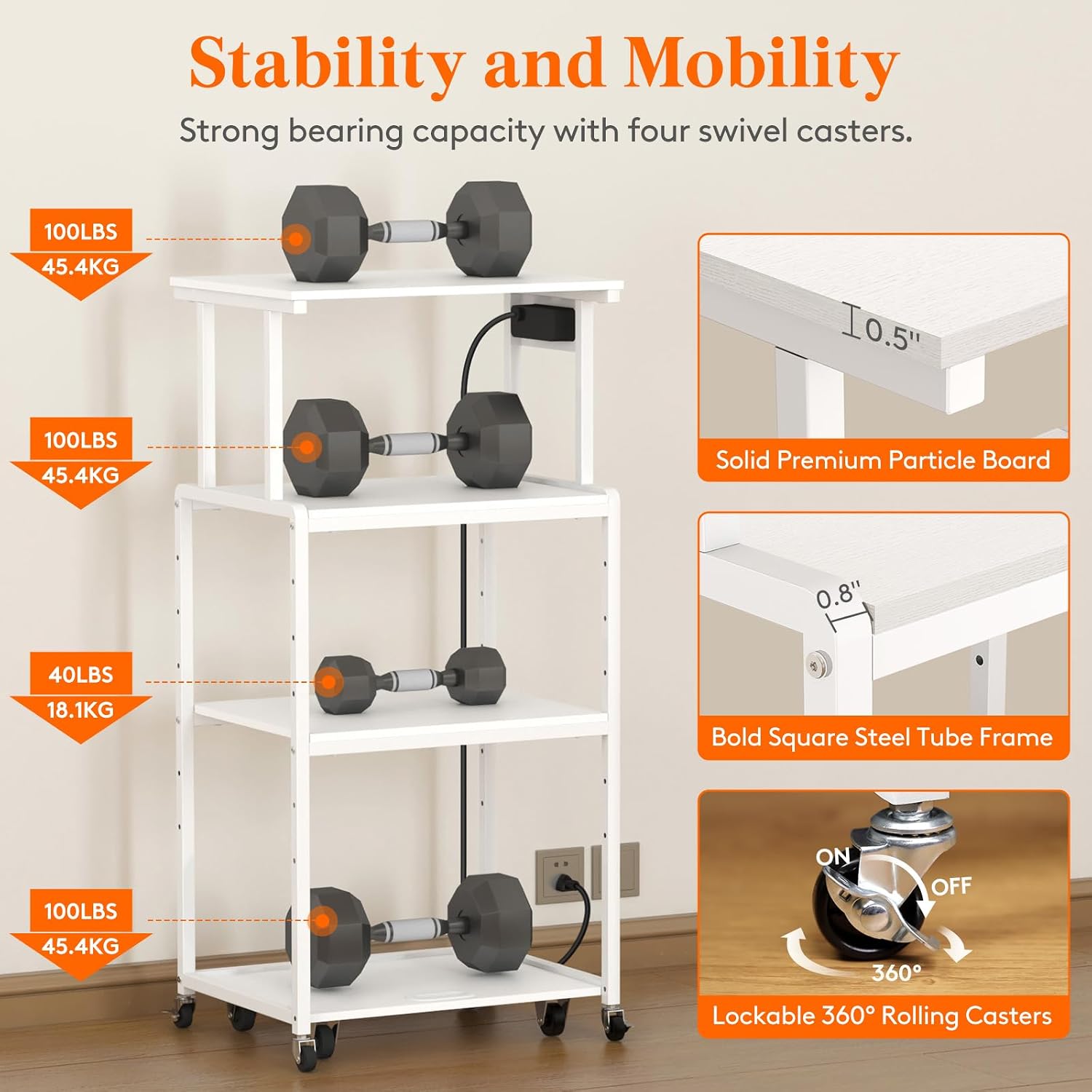 Lifewit 4 Tier Printer Stand with 3 Power Outlets, Wheels and Adjustable Storage Shelf for Home Office, Rolling Printer Cart for Shredder, Scanner, Fax, Hold 340lbs, White