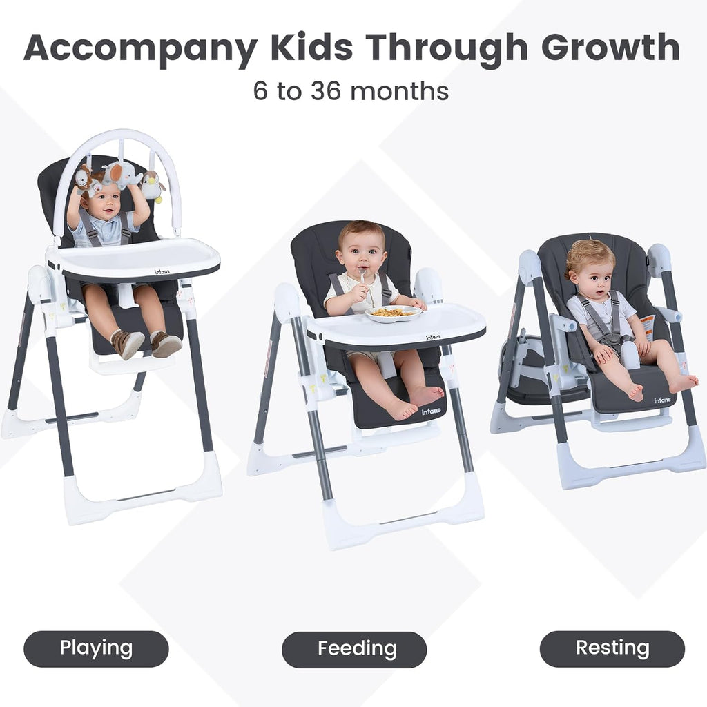 INFANS High Chair for Babies and Toddlers, Foldable Highchair with 7 Different Heights 4 Reclining Backrest Seat 3 Setting Footrest, Removable Tray Built-in Rear Wheels with Locks