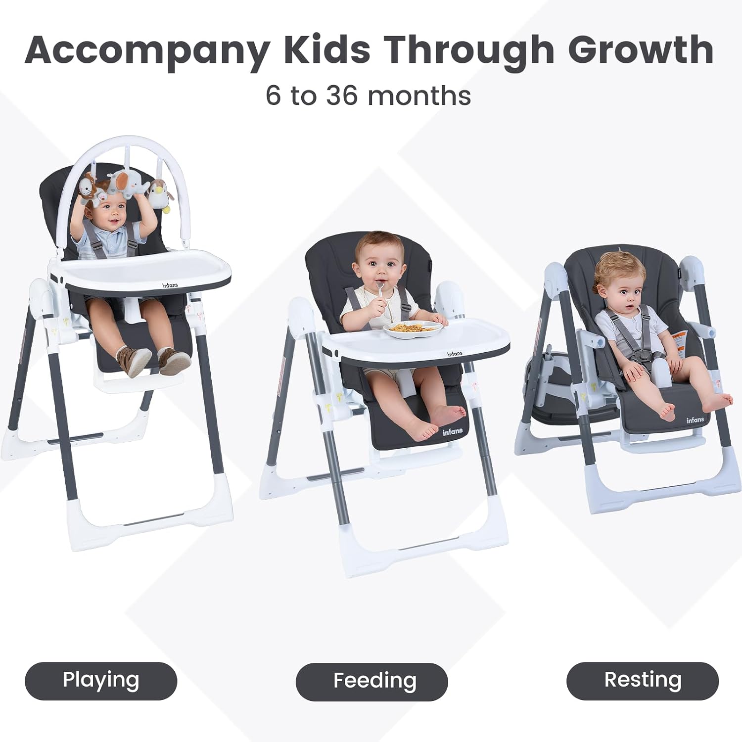 INFANS High Chair for Babies and Toddlers, Foldable Highchair with 7 Different Heights 4 Reclining Backrest Seat 3 Setting Footrest, Removable Tray Built-in Rear Wheels with Locks