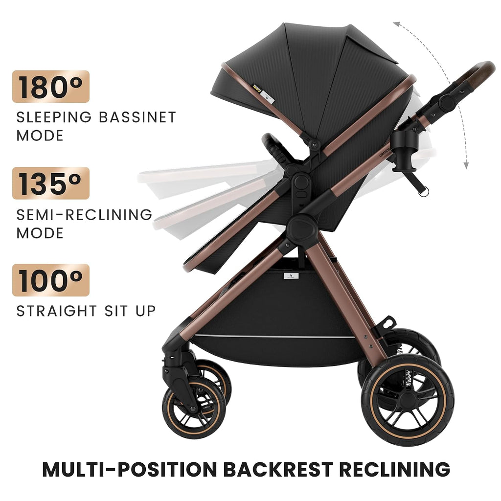 Accombe Baby Stroller, 2 in 1 Newborn Stroller Convertible Bassinet for Infant Toddler Pram with Footmuff (Copper)
