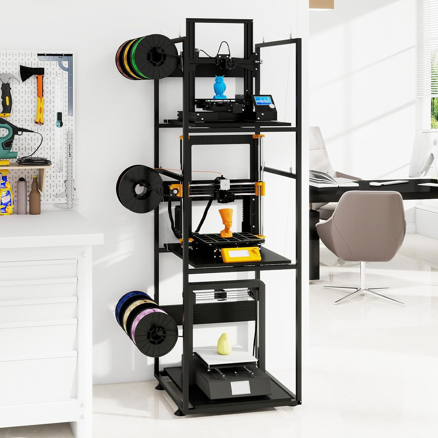 PUNCIA 3-Tier 3D Printer Stand with Filament Storage, Heavy Duty Workbench Rack – Compatible with FDM/SLA, Studio, Workshop, Office Use, Space-Saving Organizer for Multiple Filament Types