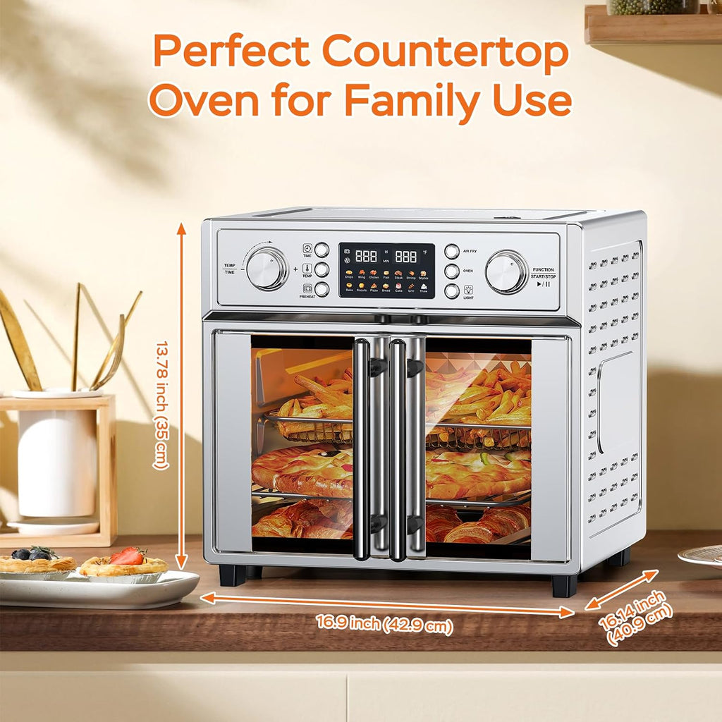 PlumChef 29.5QT Large Capacity French Double-Door Air Fryer Convection Toaster Oven, 1700W, 14 Preset Menus, 7-in-1 Multi-Function (Bake, Roast, Gril,Toast,Dehydrate&Defrost), Stainless Steel,silvery