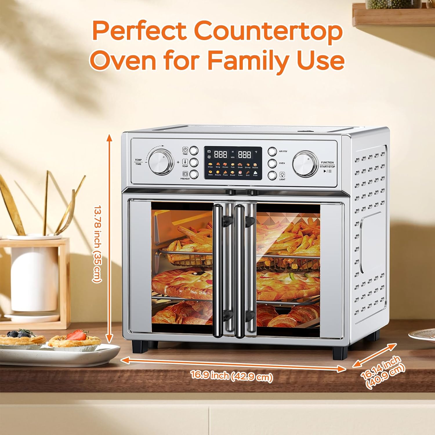 PlumChef 29.5QT Large Capacity French Double-Door Air Fryer Convection Toaster Oven, 1700W, 14 Preset Menus, 7-in-1 Multi-Function (Bake, Roast, Gril,Toast,Dehydrate&Defrost), Stainless Steel,silvery