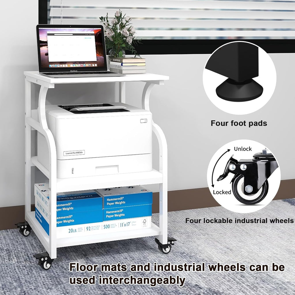 Natwind Large Printer Stand, 24''x20''x29'' Printer Table with Adjustable Storage Shelf, 3 Tier Rolling Cart with Wheels, Multifunctional Home Office Shelves for Heat Press, 3D Printer (White)