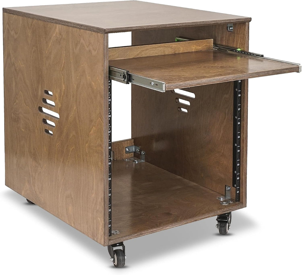 Sound Town 10U Solid Baltic Birch Plywood Studio Rack Desk with Slide-Out Tray, Rubber Feet, Casters, for Recording, Podcasts, Broadcasts, Streaming, Weathered Brown (SDRK-ST10B)