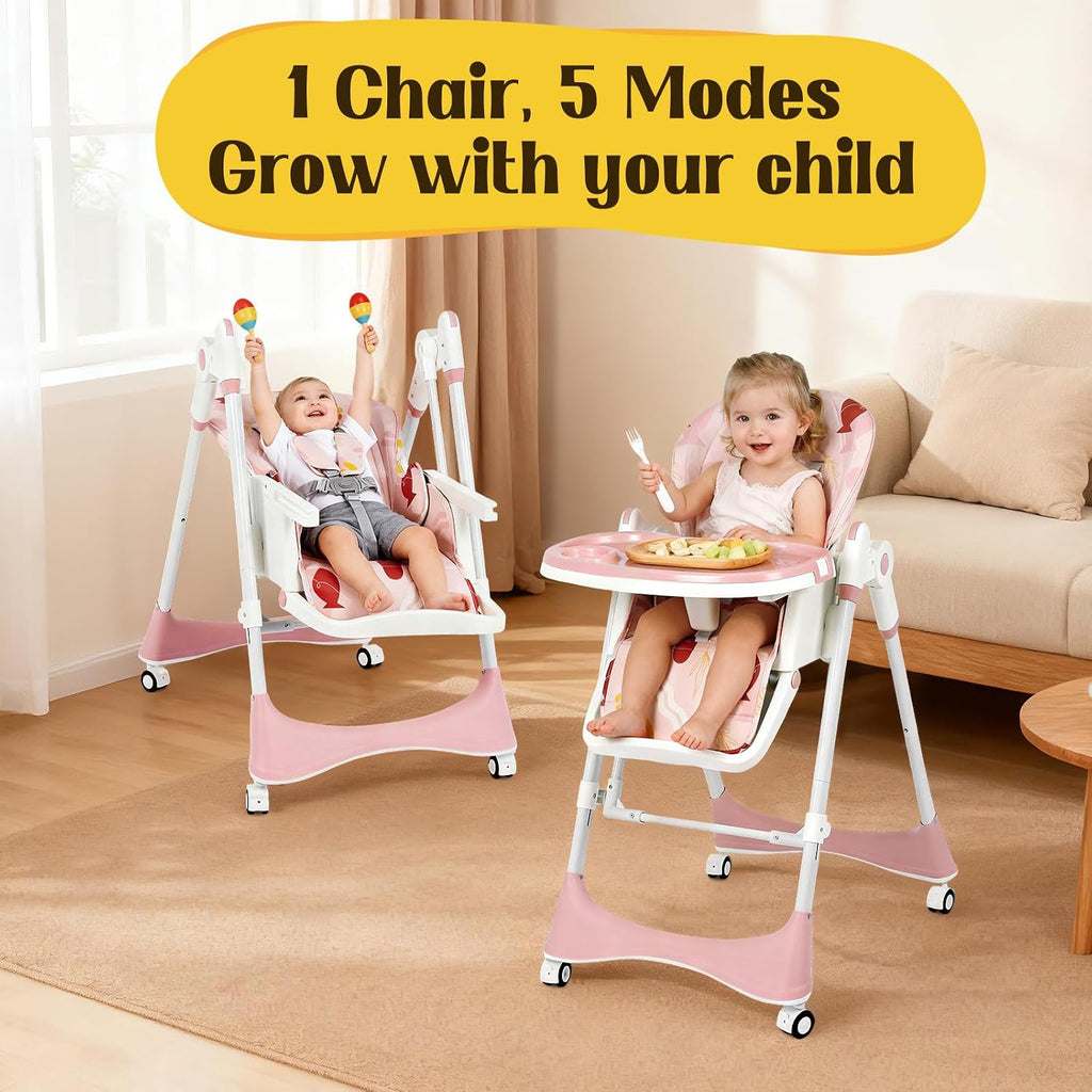 6-in-1 Convertible High Chair with Rocker | Baby High Chair for Newborn to Toddler (0-3 Years) | Adjustable, Foldable & Easy-Clean with Dishwasher Safe Tray & Tool-Free Assembly, Floral Dust Pink