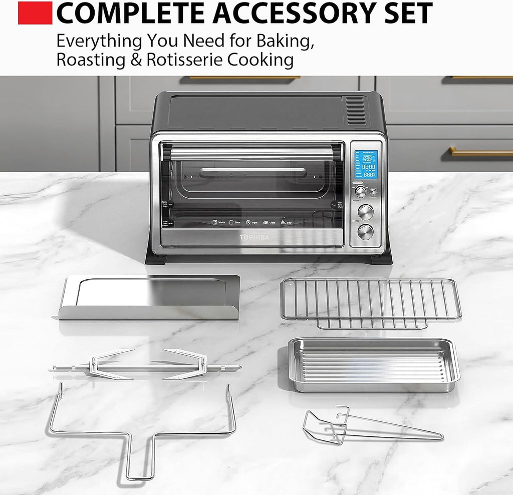TOSHIBA 10-in-1 Convection Toaster Oven, 6-Slice Countertop Oven, 1500W with Toast, Bake, Broil, Rotisserie & Pizza Functions, LCD Knob Controls, 6 Accessories, Stainless Steel