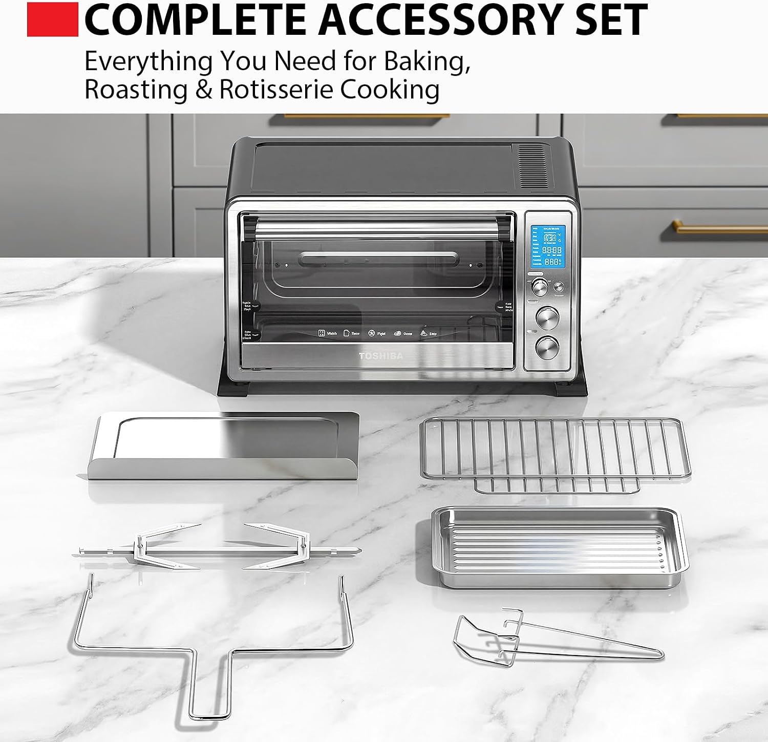 TOSHIBA 10-in-1 Convection Toaster Oven, 6-Slice Countertop Oven, 1500W with Toast, Bake, Broil, Rotisserie & Pizza Functions, LCD Knob Controls, 6 Accessories, Stainless Steel