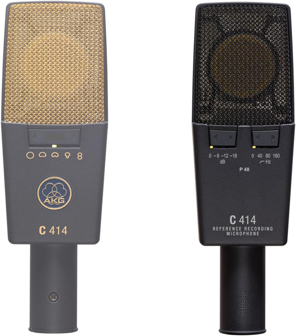 AKG Pro Audio C414XLS Pair Studio Grade Professional Large Diaphragm, Dual Capsule, Multi-Pattern, Vocal & Instrument Condenser Microphone with Aluminum Carrying Case. XLR Connector. Gray with Gold.