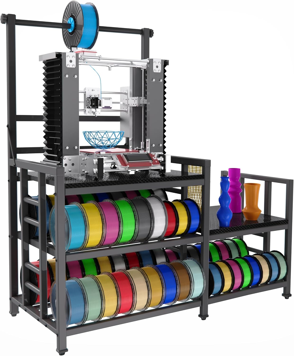 3D Printer Table with Filament Storage Printer Stand with Power Outlet,Heavy Duty 3D Printer Storage rack for ABS, PLA, TPU Filament Spools, Home Offices and Studios Carbon Fiber Black