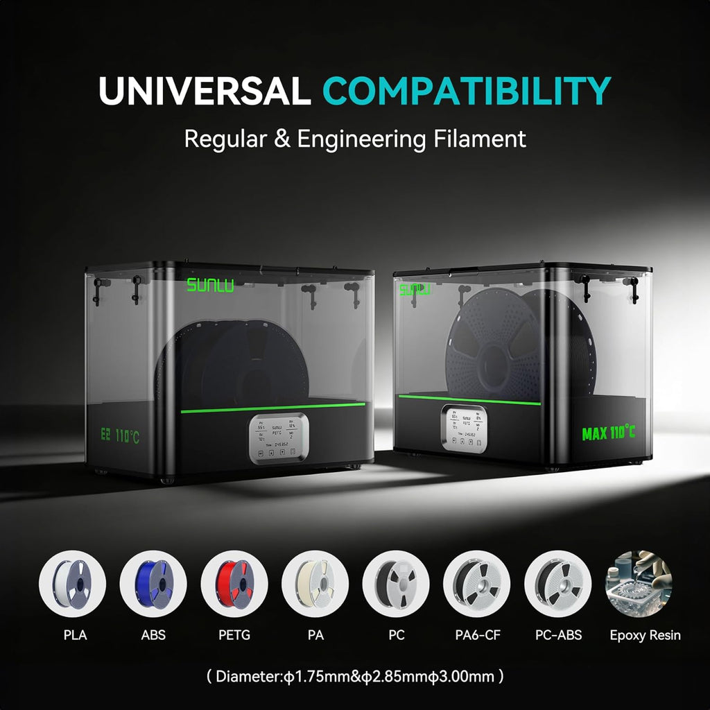 SUNLU Official 3D Printer Filament Dryer E2, 110℃ Max Temperature, 500W PTC Heater, Dry and Anneal 2-in-1, Dual-Chamber, Designed for Engineering Filaments, PC PA-CF FR-ABS Filament Dryer Box (Black)