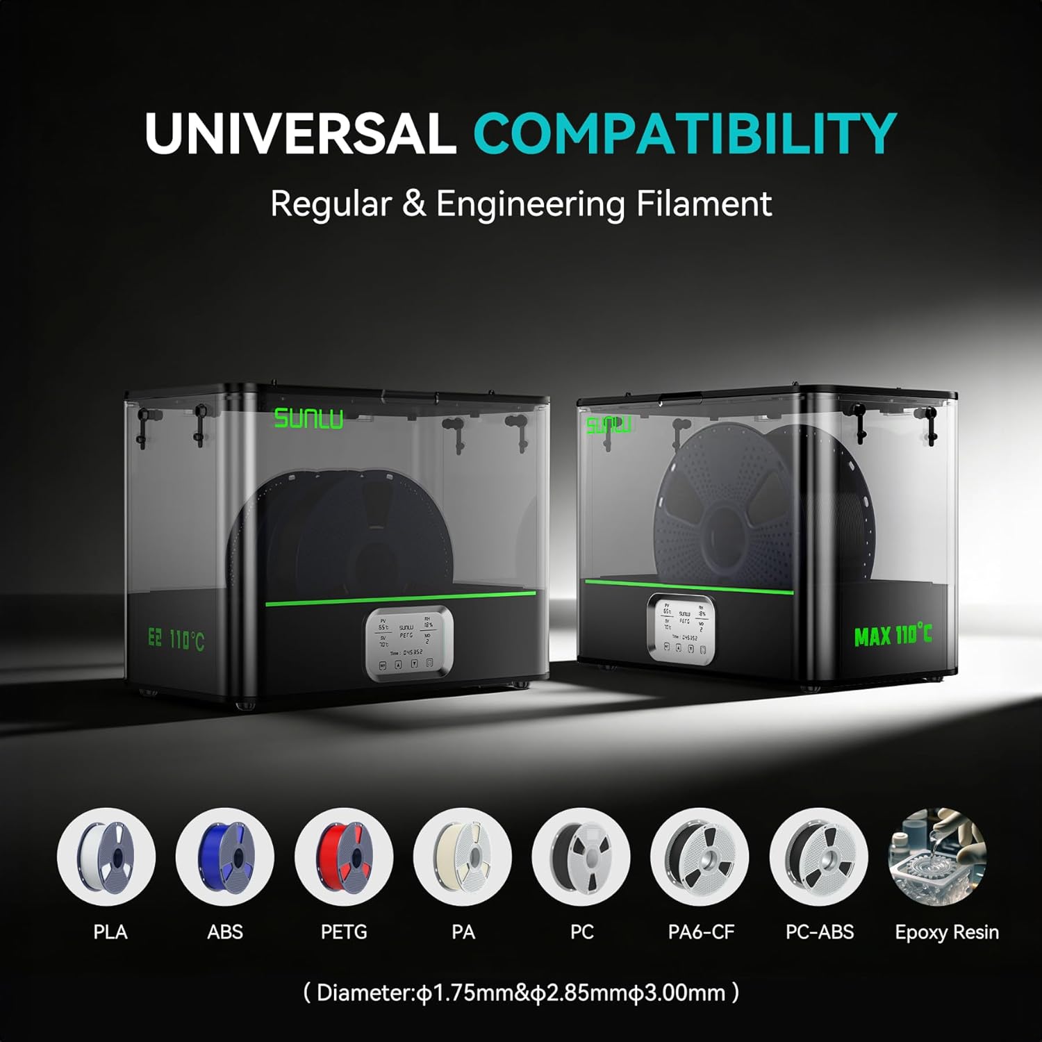SUNLU Official 3D Printer Filament Dryer E2, 110℃ Max Temperature, 500W PTC Heater, Dry and Anneal 2-in-1, Dual-Chamber, Designed for Engineering Filaments, PC PA-CF FR-ABS Filament Dryer Box (Black)