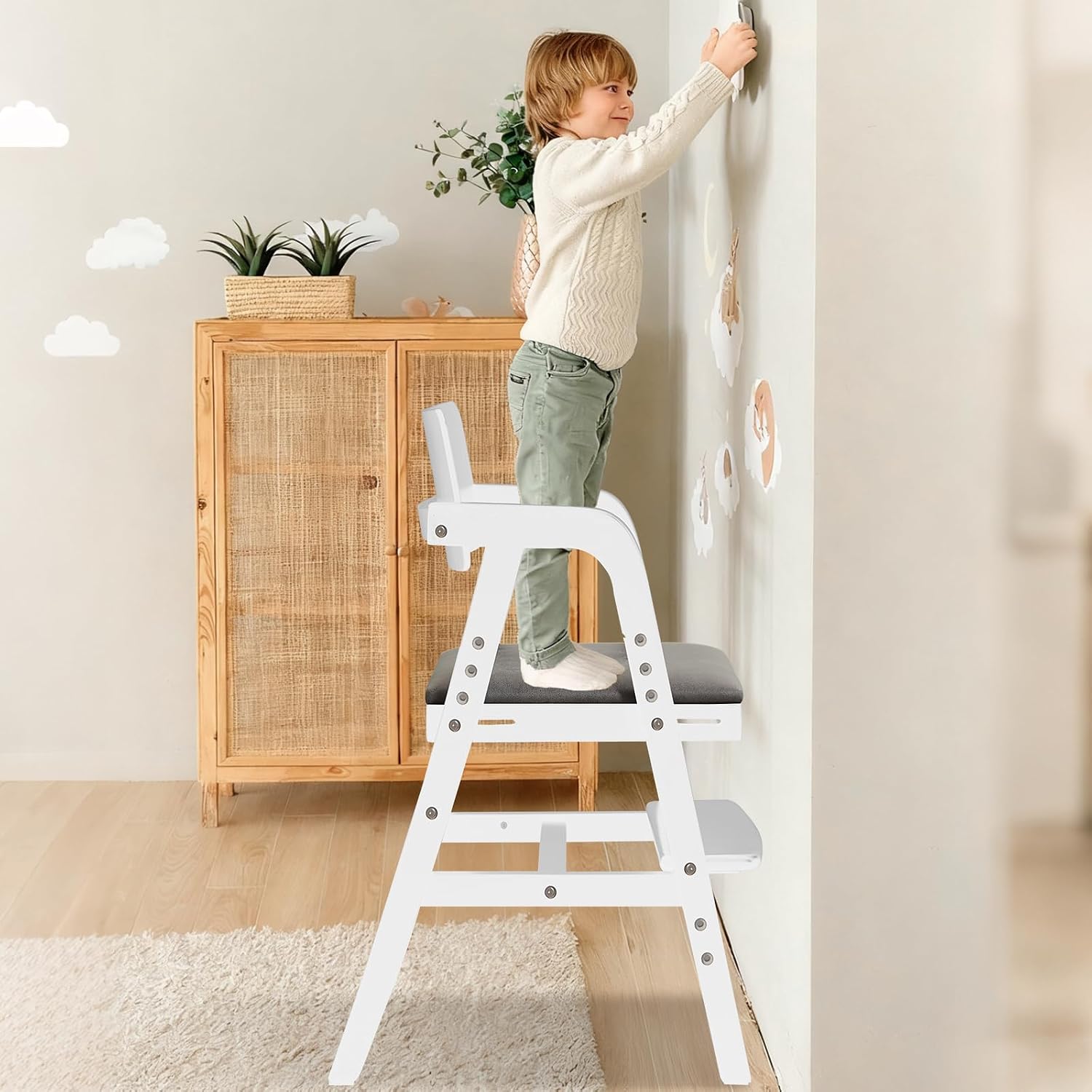Wooden High Chair for Toddlers & Baby, Adjustable Dining Feeding Chair Grows with Kid, Convertible High Chair for Babies, Wipe Clean Skin-Friendly Cushion, for Home & Restaurant - White