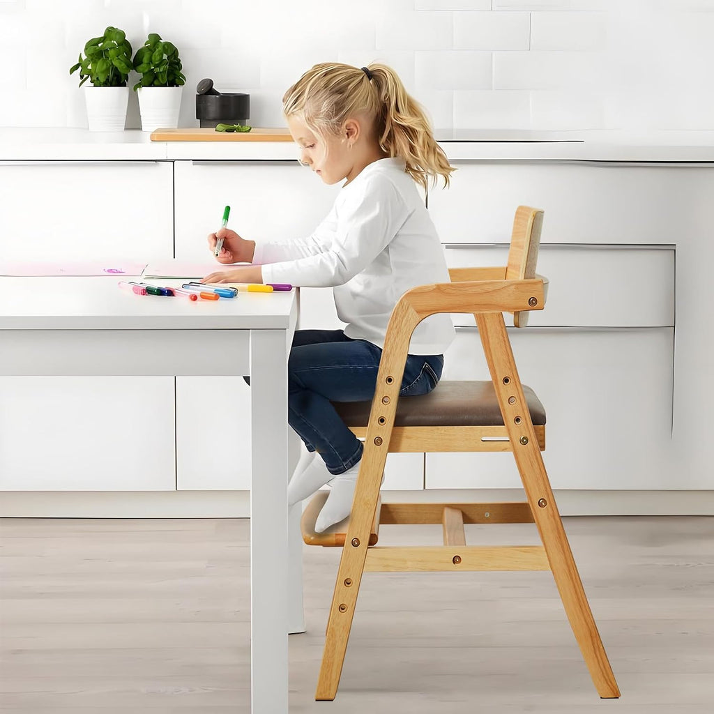 Wooden High Chair for Toddlers, Adjustable Baby Feeding Chair with Seat & Footrest, Grows with Child Dining Chair, Solid Wood Kids Learning Chair for Table, Study & Mealtime - Natural