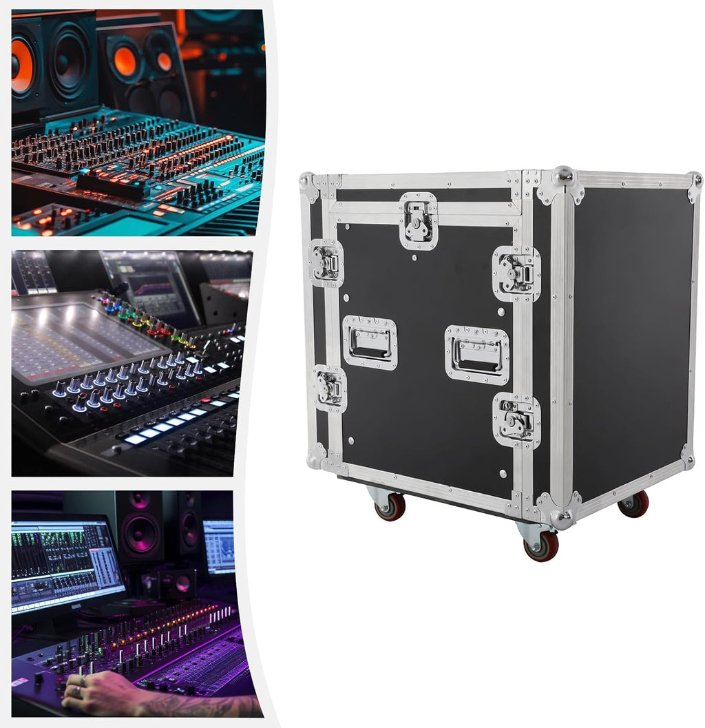 14U PA DJ Rack/Road ATA Case, Network & Stereo Rack with Slant Mixer Tops, 26'' Depth DJ Work Table Rolling Studio Equipment Cabinet, Amplifier Mixer Storage Stand for Pro Tour Grade, Live Sound