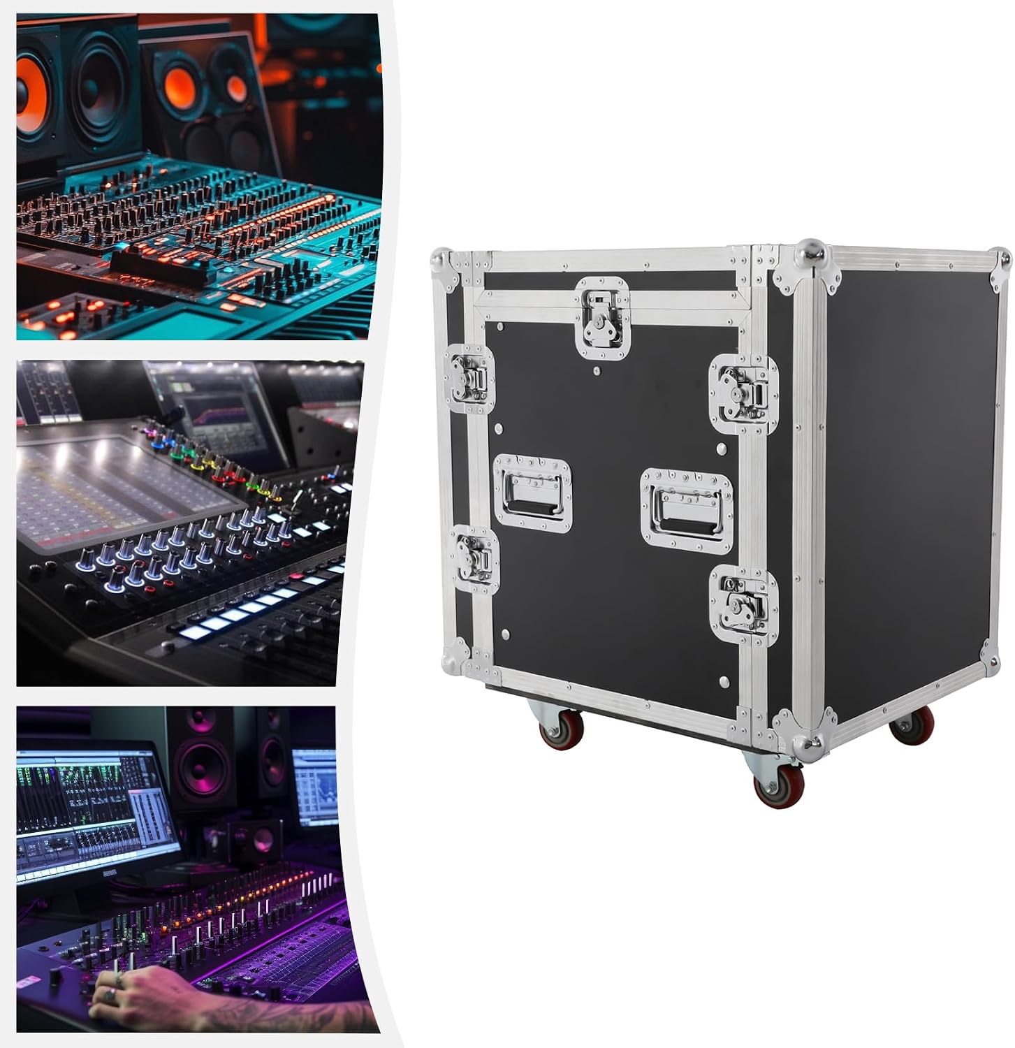 14U PA DJ Rack/Road ATA Case, Network & Stereo Rack with Slant Mixer Tops, 26'' Depth DJ Work Table Rolling Studio Equipment Cabinet, Amplifier Mixer Storage Stand for Pro Tour Grade, Live Sound