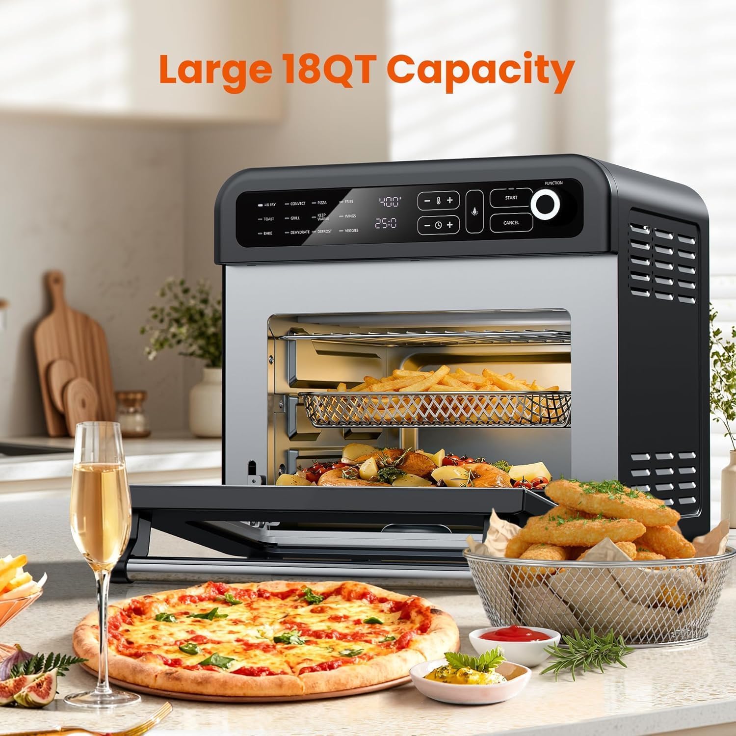 Electactic 18QT Air Fryer Toaster Oven Combo,12-in-1 Large Convection Airfryer Oven with 60-Minute Timer,70–450℉ Temperature Control,Roast & Broil, Fits 8-10″ Pizza(Black)