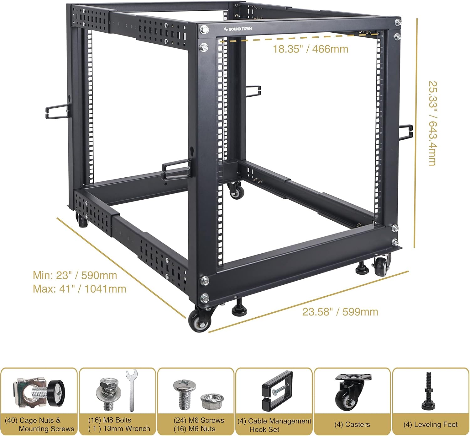 Sound Town 4-Post 12U Open Frame Sever and Network Equipment Rack with Adjustable Depth 22'-40', Casters, Levelers, Cable Management (ST4POF-A12U)