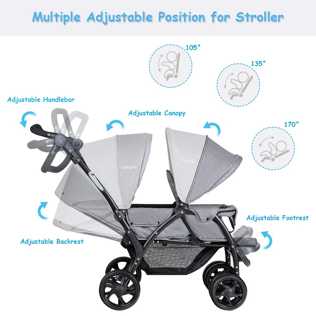 BABY JOY Double Stroller, Foldable Lightweight Twin Stroller with Tandem Seating, Adjustable Backrest/Canopy/Footrest, 5-Point Harness, Storage Basket, Newborn and Toddler (Gray)