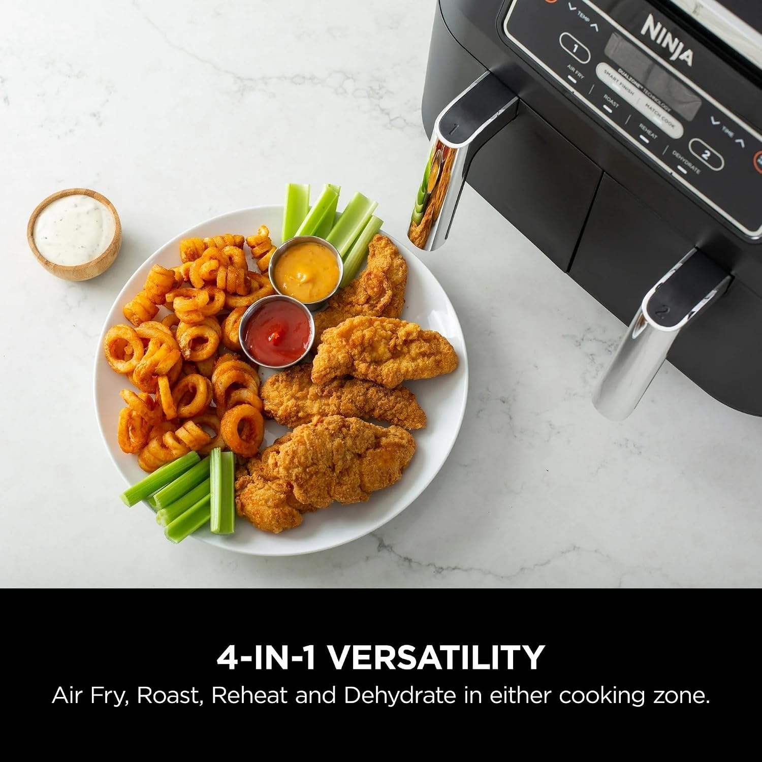 Ninja Foodi 4-in-1 8-qt. 2-Basket Air Fryer with DualZone Technology, 4 Functions, Smart Finish, Roast, Air Fry, Reheats, & Dehydrates, Black, DZ100 (Renewed)