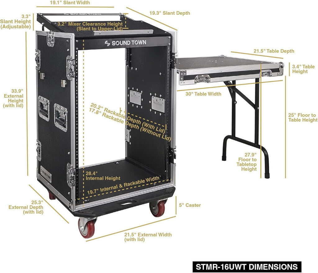 Sound Town Heavy-Duty 1/2' (12mm) Plywood 16U PA/DJ Rack/Road Case with 11U Slant Mixer Top, 20'' Rackable Depth, DJ Work Table and Casters, 16-Space Size, Pro Tour Grade (STMR-16UWT)