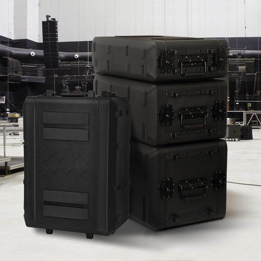 4U Rack Case Shallow 17' Depth, 19' Rackmount Flight Cases Easy Installation Portable Carry Watertight Dust Proof 2 Space Shockproof Mount Racks with Microphone Compartments Space Saving