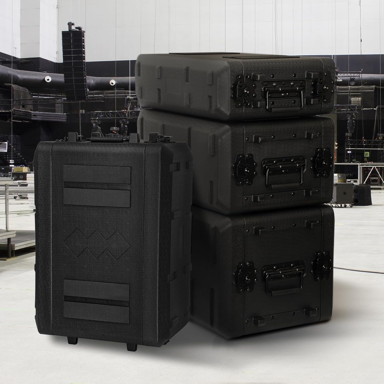 4U Rack Case Shallow 17' Depth, 19' Rackmount Flight Cases Easy Installation Portable Carry Watertight Dust Proof 2 Space Shockproof Mount Racks with Microphone Compartments Space Saving
