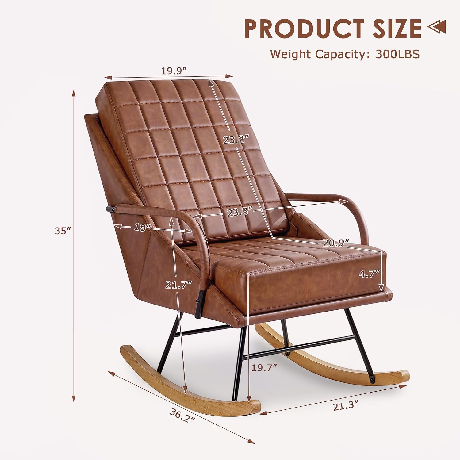 VECELO Rocking Chair Nursery, Oversize Leather Glider Rocker with Padded Cushion, Upholstered Removable High Back, Brown