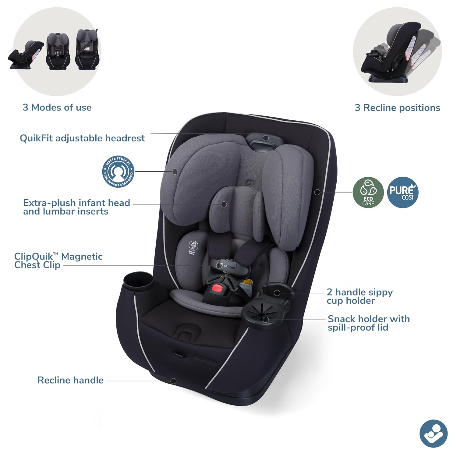 Maxi-Cosi Pria Max+ All-in-One Baby Convertible Car Seat, Rear Facing, Forward Facing Infant Toddler Booster, Easy Latch Install, Magnetic Buckle, Adjustable Harness, Cup Holders, Sea Shadow