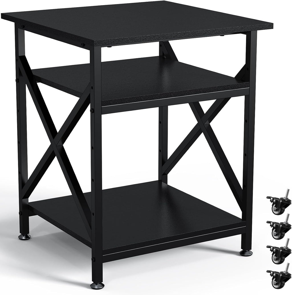 3 Tier Printer Stand, Large Table with Wheels, Rolling Cart with Height Adjustable Middle Storage Shelf, 23.6 x 23.6 x 30.3 Inches Shelf for Home Office, Black