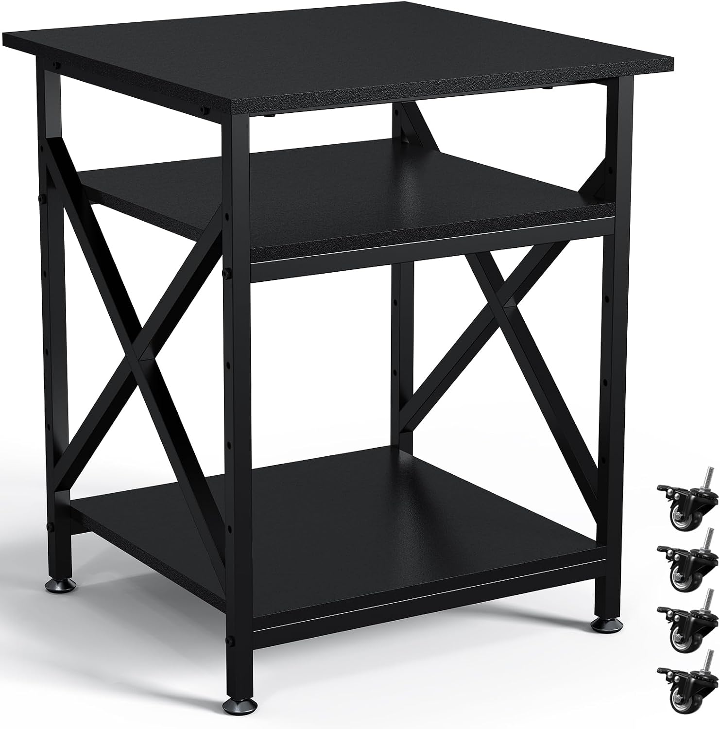 3 Tier Printer Stand, Large Table with Wheels, Rolling Cart with Height Adjustable Middle Storage Shelf, 23.6 x 23.6 x 30.3 Inches Shelf for Home Office, Black