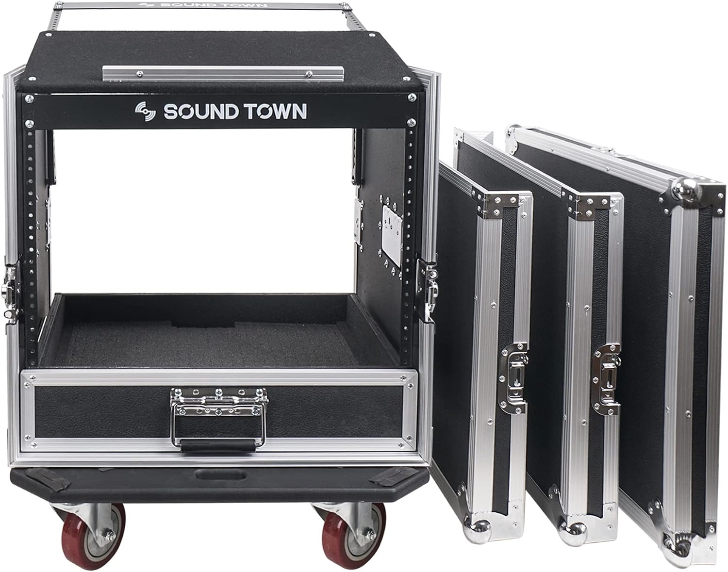 Sound Town 10U PA DJ Pro Audio Rack/Road ATA Case with 2U Drawer, 11U Slant Mixer Top, DJ Work Table, Casters, Pro Tour Grade (MR-DR10U)
