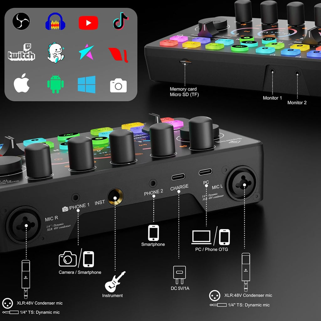 Podcast Equipment Bundle,5RGB Mixer with XLR-6.5mm interface,Dynamic Microphone, TF Card, Surround Sound, Suitable for Streaming/TikTok/YouTube, Compatible with Mobile Phones, PC,Camera RS2