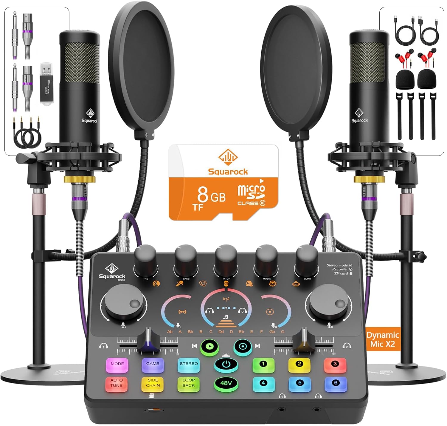 Podcast Equipment Bundle for 2, with XLR Dynamic Microphone, TF Card, 5RGB,Surround Sound,Suitable for Live Streaming/TikTok/YouTube, Compatible with iOS,Android,PC,Camera RS2