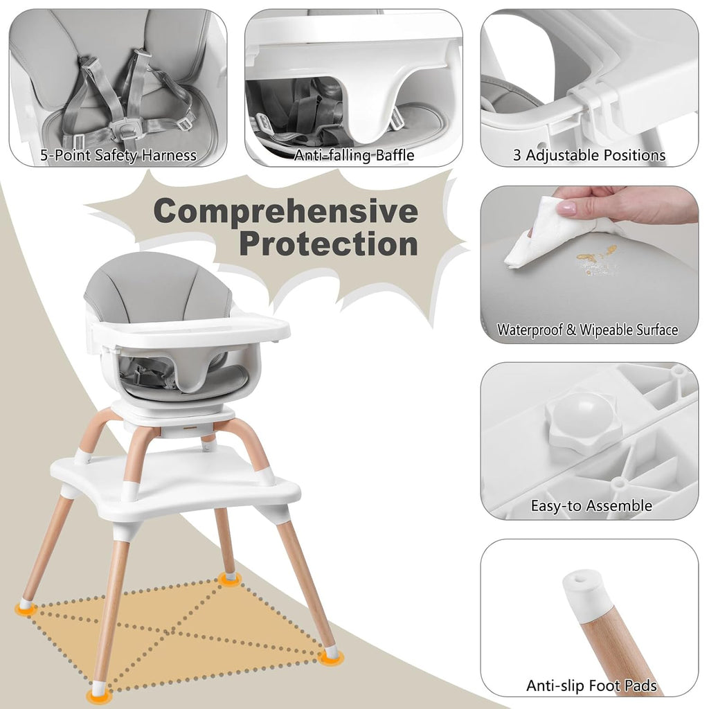 Baby High Chair, 7 in 1 Convertible High Chairs for Babies and Toddlers, Kids Learning Table, Building Block Table, Toddler Dining Chair with 360° Rotating Seat, 5-Point Safety Harness (Grey)