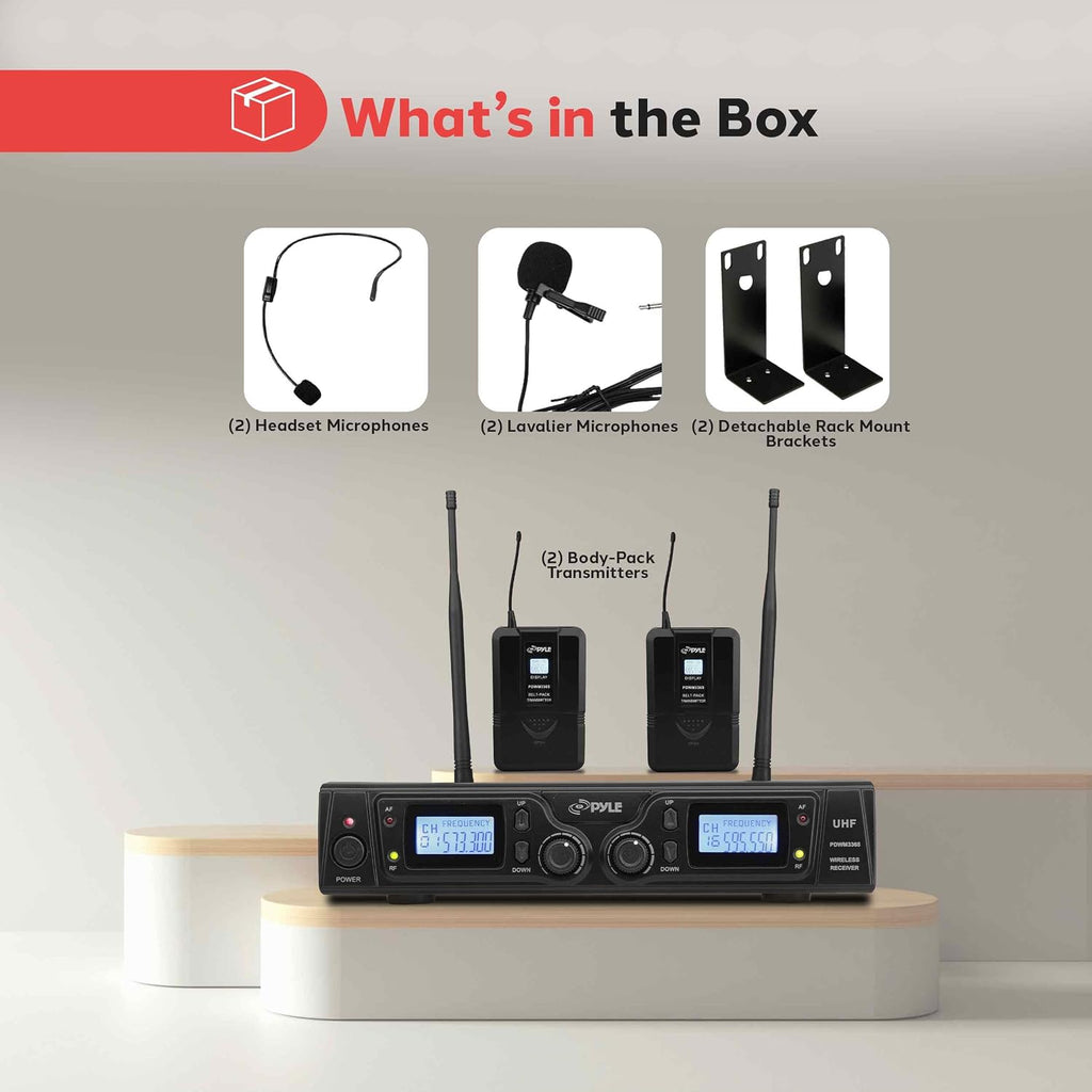 PYLE, Wireless Microphone System, UHF, 16 Channels, Belt Packs, Lavalier Mics, Rack Mountable Receiver, LCD Display, Dual Antennas, Bodypack Transmitters, Headset Microphones, Audio Cable, Case