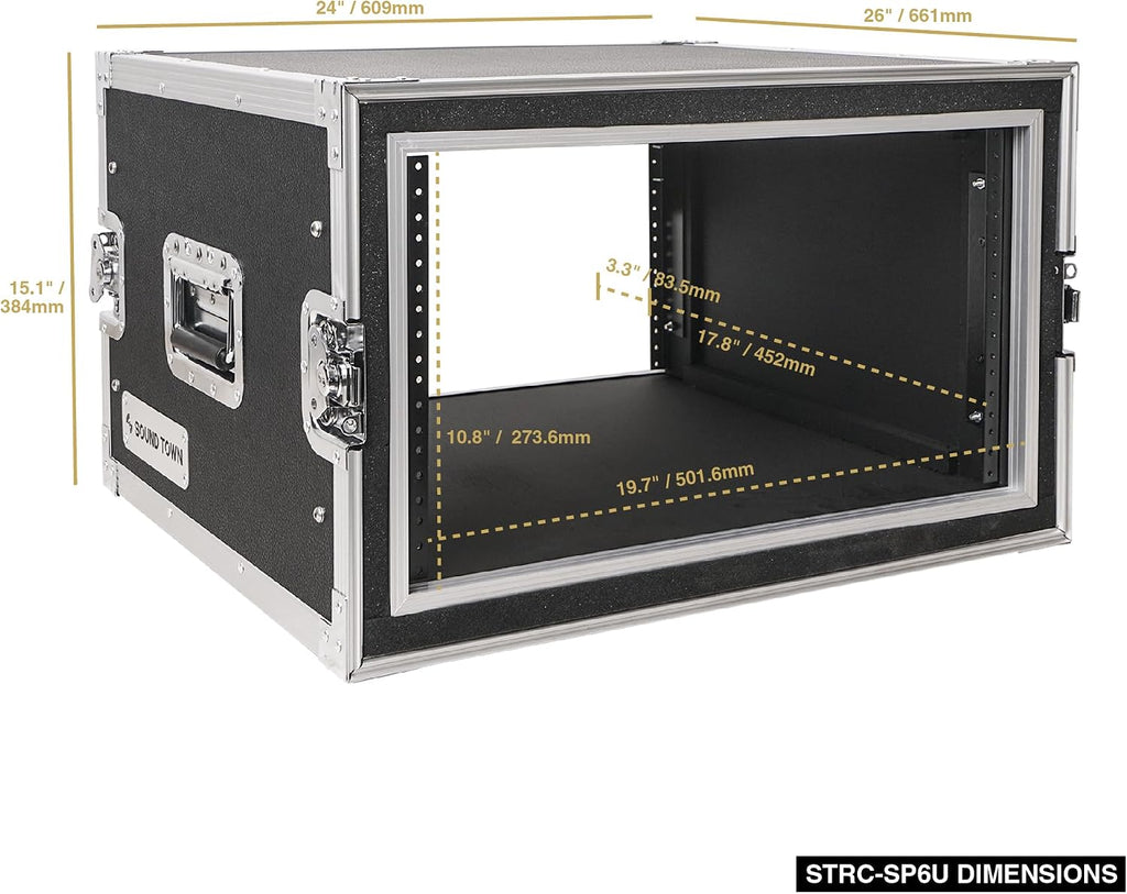 Sound Town Shock Mount 6U ATA Plywood Rack Case with 21' Rackable Depth, 6-Space Size, Pro Tour Grade (STRC-SP6U)