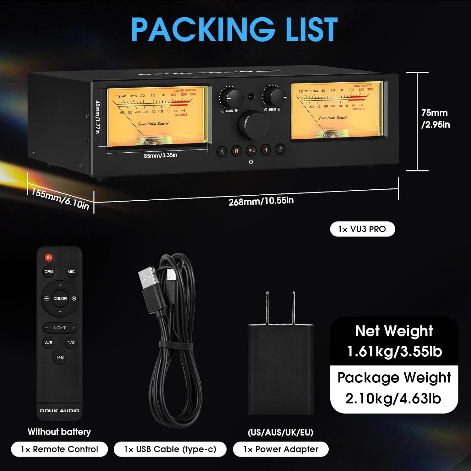 Douk Audio VU3 PRO Dual Analog VU Meter, 2-Way Amplifier Switch, Speaker Selector, Amp Audio Switcher Box 2-IN-2-OUT with DB Panel Display