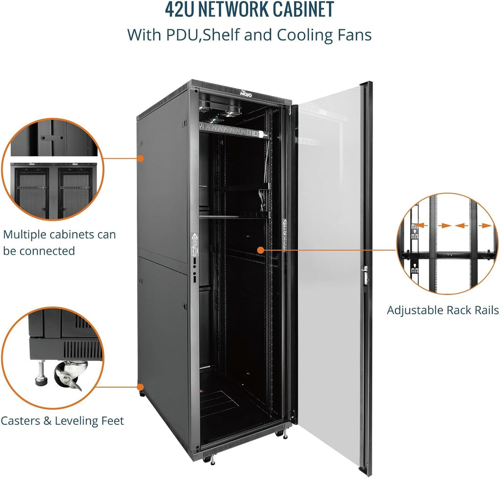 Tecmojo 42U Server Rack Network Cabinet 39.4' D x 23.6' W, Locking Data Cabinet Enclosure for 19' Server, Networking, AV & IT Equipment, Glass Door, Black