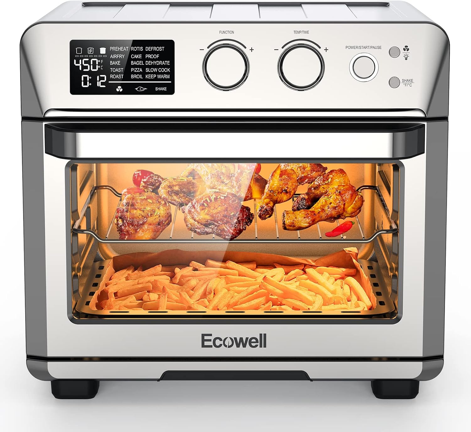 ECOWELL Air Fryer 26.4QT Chicken Fryer, 15-in-1 Air Fry/Roast/Bake/Dehydrate/Broil/Reheat, Precision 150-450°F Heating, 85% Less Oil Healthier Cooking, Dishwasher-Safe Basket & Plate for Home