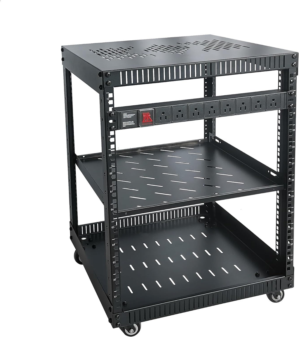 RIVECO 12U Network Rack with Reinforced Top Cover - 4 Post Floor Rack on Wheels for 19' Equipment & Stereo Gear- Including Rack Mount Power Strip & 1PCS 1U Rack Shelf