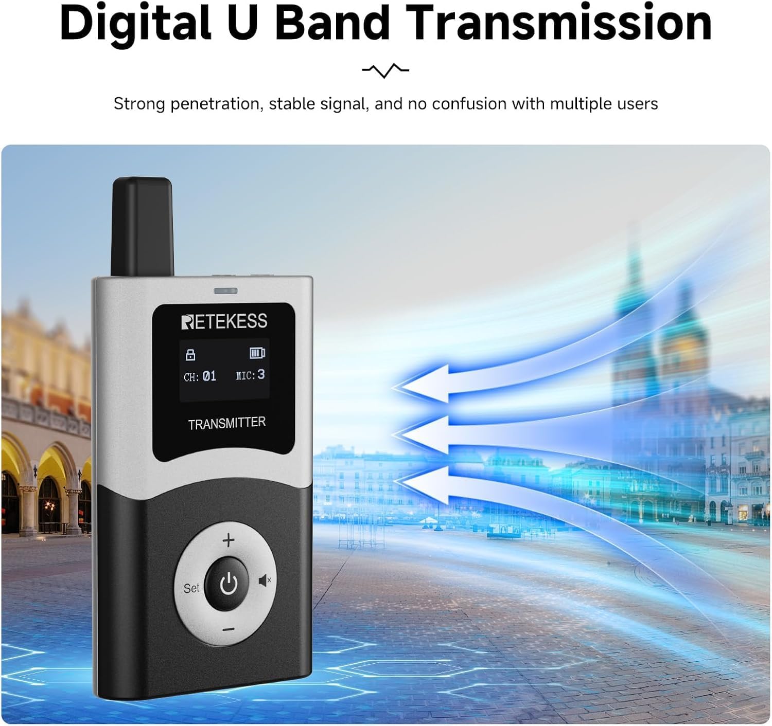 Retekess T130U(4nd Gen T130) Audio Tour Guide System, U-Band Digital Mode, 60-Slot Charge Case, 200m, 40h, Wireless Tour Guide Microphone and Speaker, for Tourist Groups(4 Transmitter 60 Receivers)