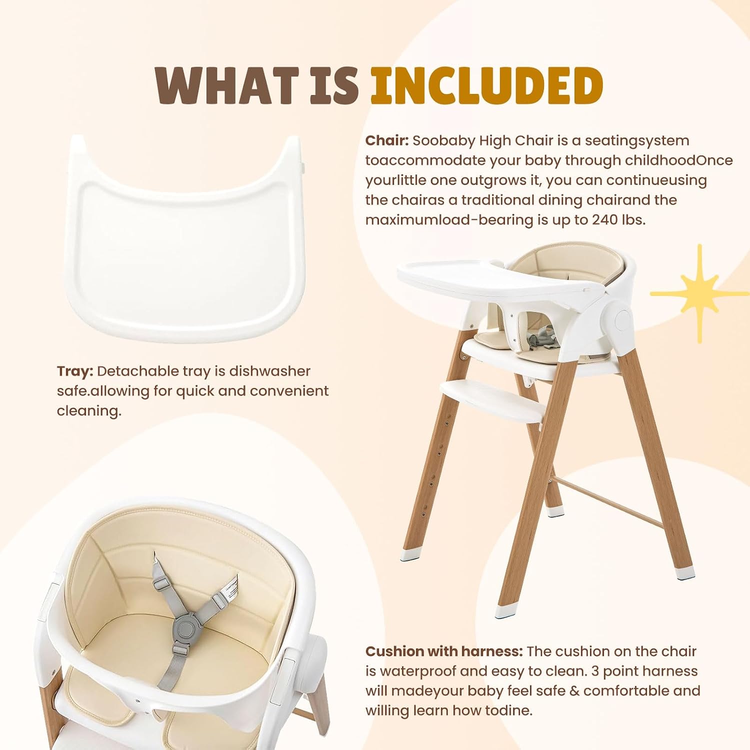 Convertible High Chairs for Babies & Toddlers. 5-in-1 Adjustable High Chair with Removable Tray, Easy to Clean, Portable (Khaki)