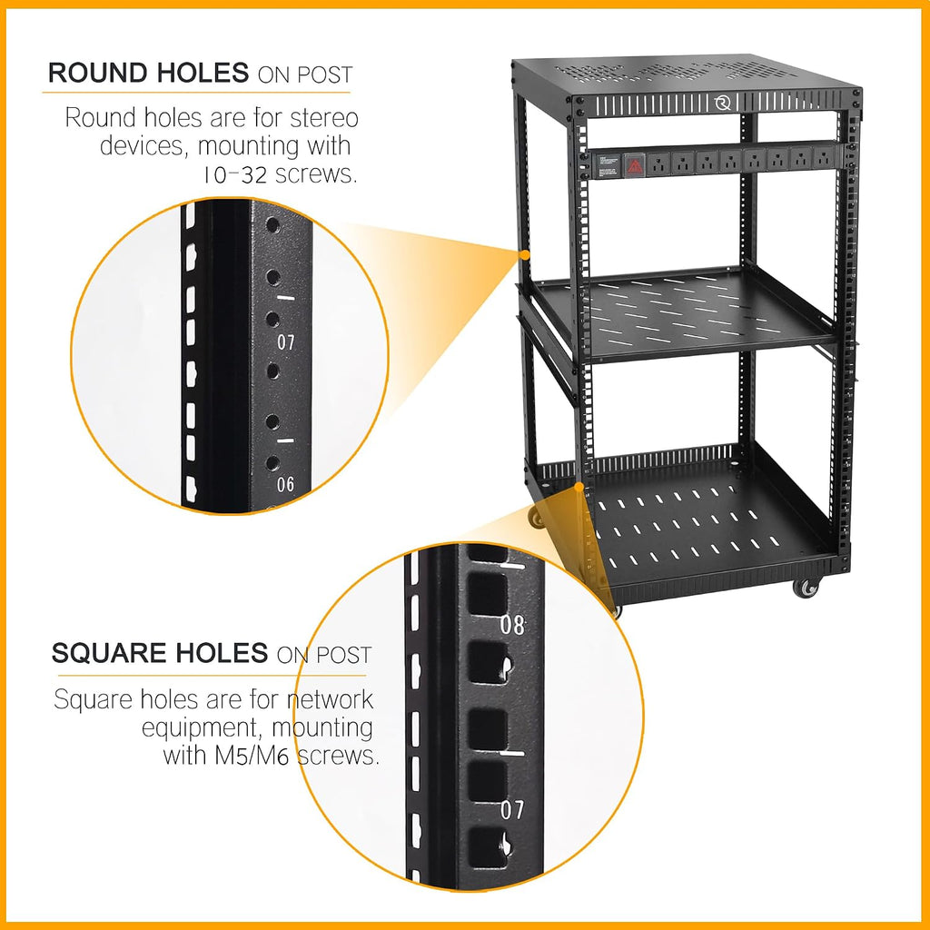 RIVECO OFCO 18U Network Rack with Reinforced Top & Bottom Vented Plates - 4 Rolling Wheels Floor Standing Rack for 19' Equipment & Stereo Gear - Including 1PCS Rack Shelf & Rail Mount PDU