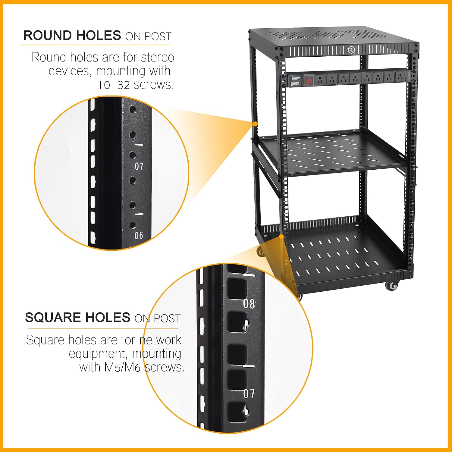 RIVECO OFCO 18U Network Rack with Reinforced Top & Bottom Vented Plates - 4 Rolling Wheels Floor Standing Rack for 19' Equipment & Stereo Gear - Including 1PCS Rack Shelf & Rail Mount PDU