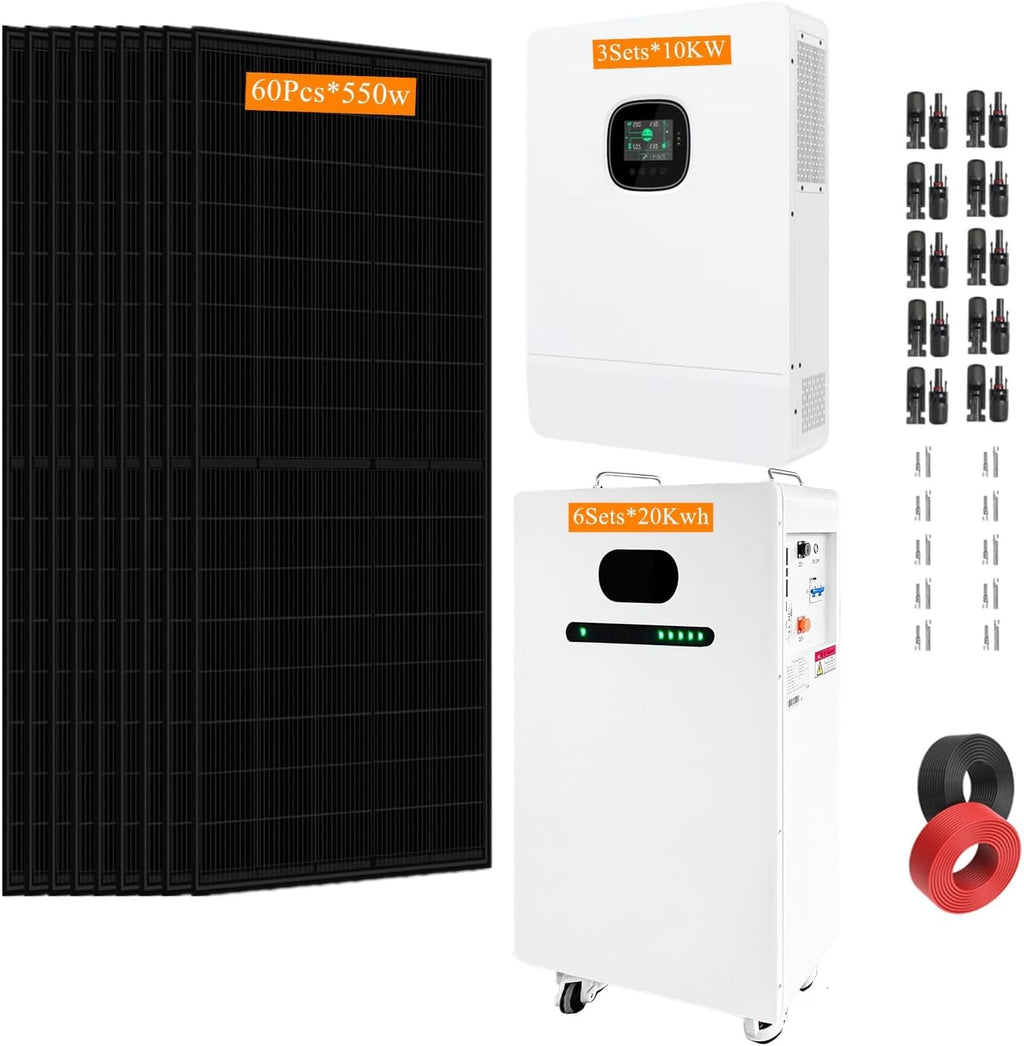 30KW Off Grid Solar System Complete Kit 120KWH Kit Home Solar Power System Complete Kit with 60PCS*550W Solar Panels, 3Sets 48V 10KW Off Grid Inverter, 6Sets 20KWH 51.2V 410Ah LiFeP04 Battery