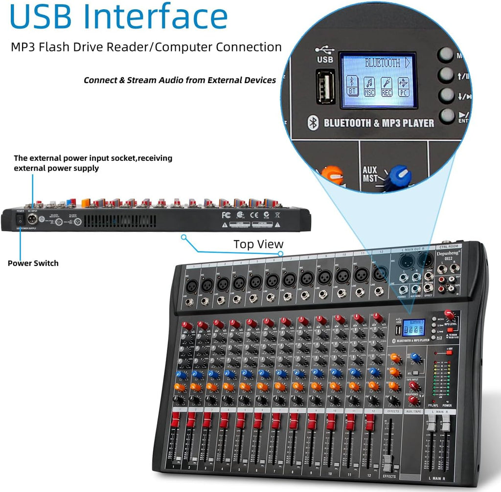 Depensheng DX12 DJ Sound Controller Interface w/USB Drive for Computer Recording 12-Channel Studio Audio Mixer - XLR Microphone Jack, 48V Power, RCA Input/Output for Professional and Beginners