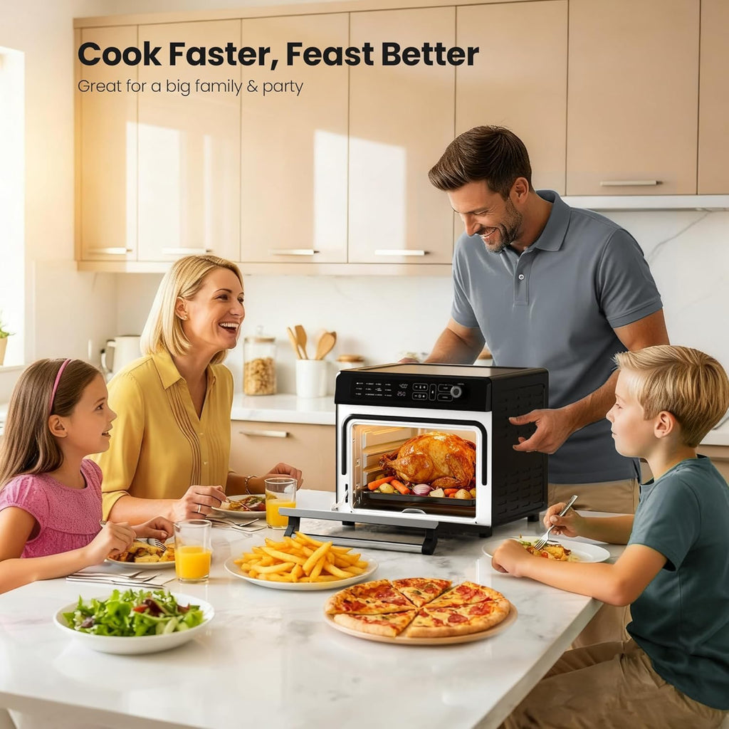 Kismile 25QT Air Fryer Toaster Oven Combo, 12-in-1 Large Countertop Convection Airfryer Oven, 70–450℉, Bake, Roast, Reheat, Broil, Fits 12″ Pizza, Includes Full Accessories, Stainless Steel(Black)