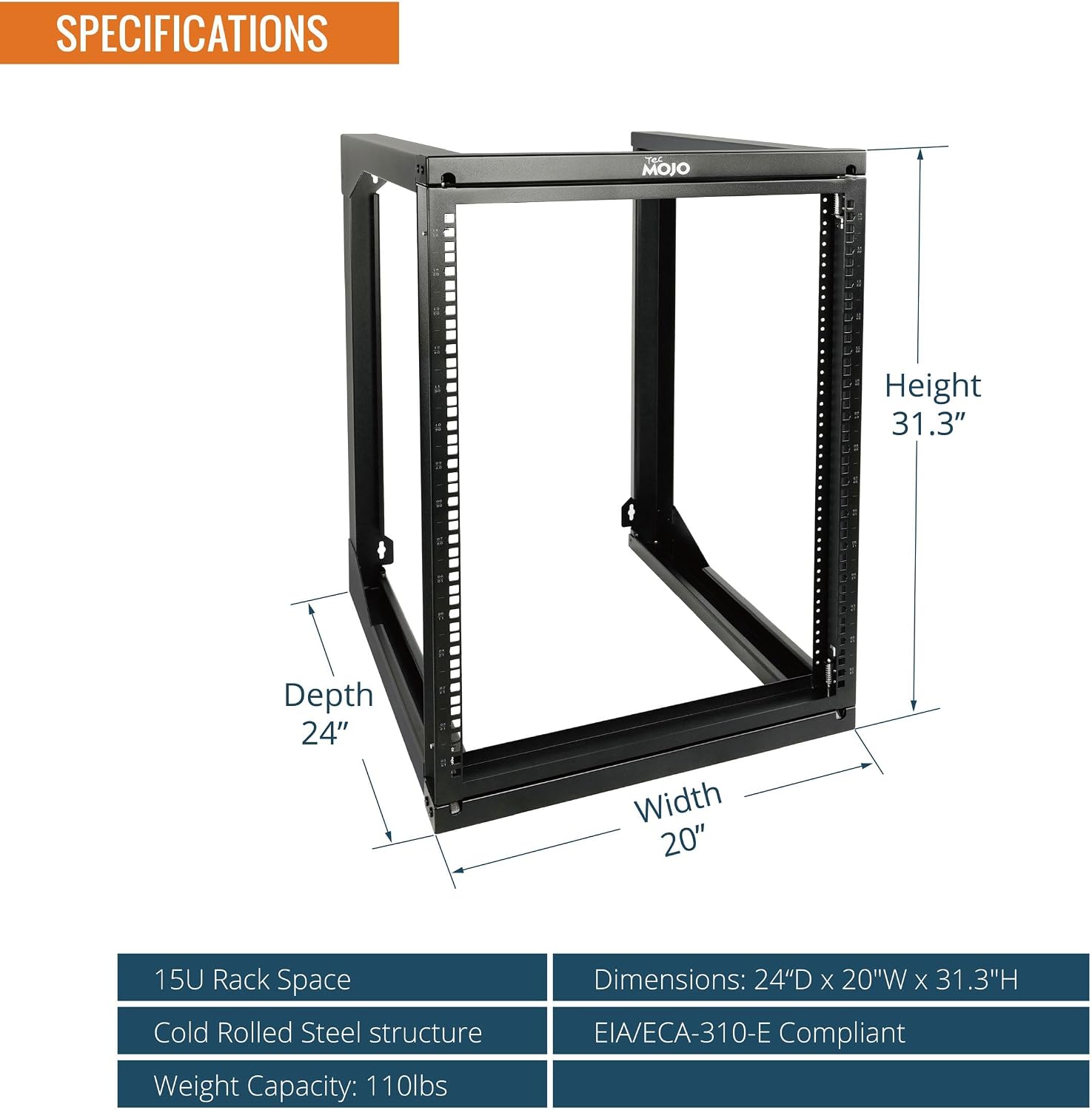 Tecmojo 15U Wall Mount Server Rack, Open Frame Network Rack for 19' Computer/AV/Data/IT/Media Equipment, 24' Depth, 16' Apart Mounting Holes, Swing Gate, Square and Tapped Holes